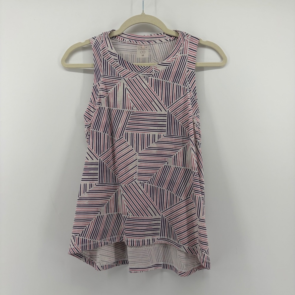Calia Womens Medium Pink Purple Geometric Striped Tank Top High Neck